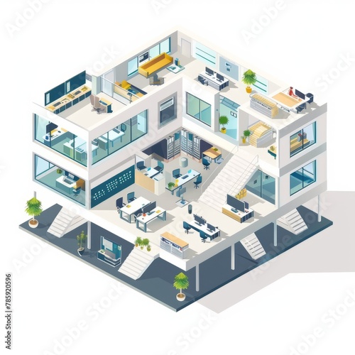3D Render of an isometric vector illustration displaying the interior architecture of an office space, highlighting the various department, Generative AI