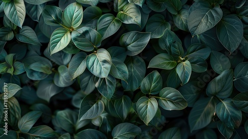 Dark green leaves, vines, overlapping, covering entire frame, beautiful, natural, black background. Generative AI. © visoot