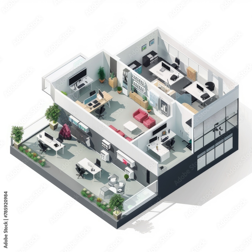 3D Render of an isometric vector illustration presenting a bird's-eye view of an office layout with departmental areas such as marketing, product development, Generative AI 3D Render of an isometric vector illustration presenting a bird's-eye view of an office layout with departmental areas such as marketing, product development, Generative AI