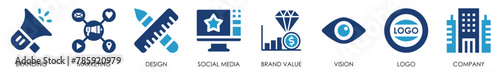 Branding icon set. Containing marketing, product, brand value and so on. Flat brand related design.