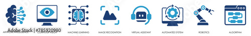 Artificial intelligence icon set. Containing machine learning, data science and so on. Flat information technology related icons.