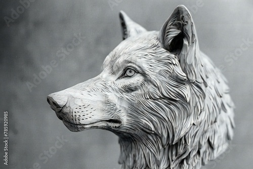 Sculpture of a wolf on a gray background, close-up