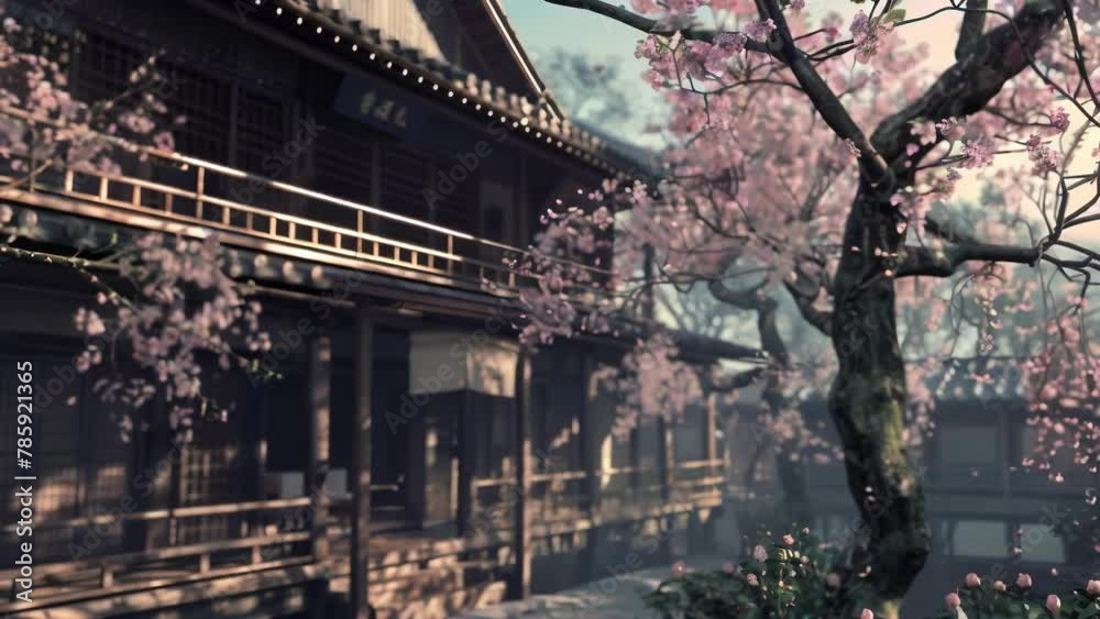 A traditional wooden building is adorned with delicate cherry blossom motifs adding a soft touch to its otherwise grand facade. A traditional wooden building is adorned with delicate cherry blossom motifs adding a soft touch to its otherwise grand facade.
