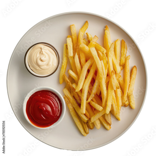 Plate of French fries with small plate of Ketchup and small plate of mayonnaise