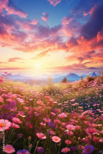 Flowers in the field on the background of the sunset