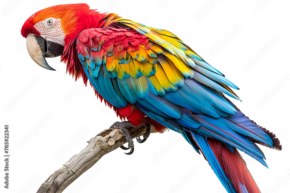 Obraz premium Scarlet macaw perched on a branch with vibrant plumage isolated on transparent background