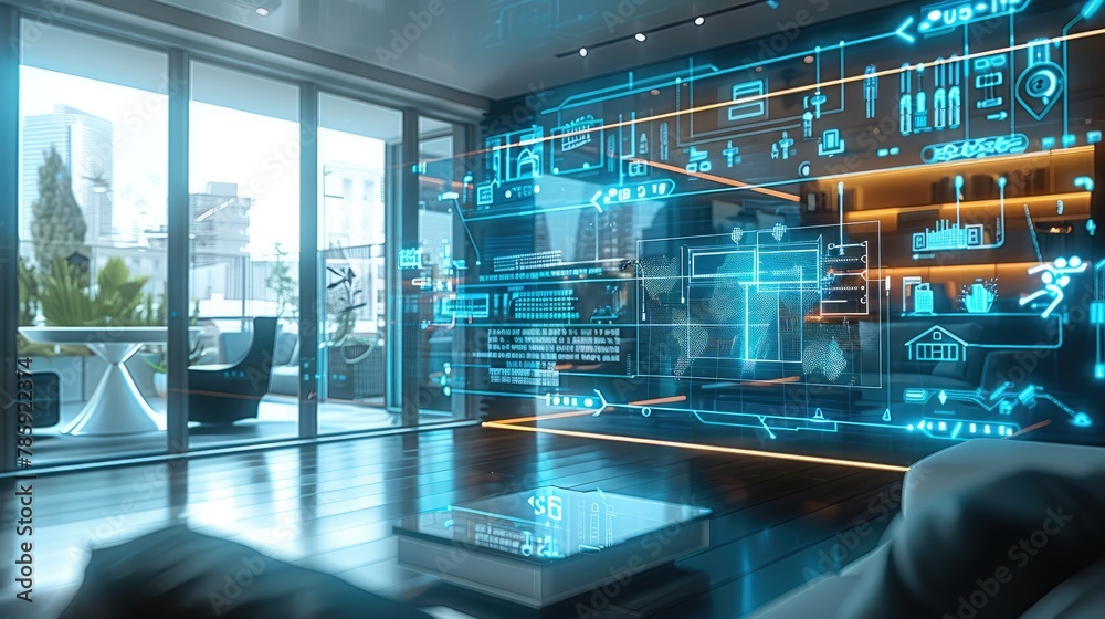 Fototapeta premium A vision of the future in which artificial intelligence transforms the world of real estate. depicts a smart, digital assistant in the form of a futuristic device or hologram. Generative AI.