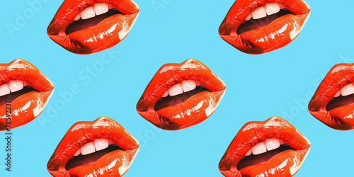 Red lips on blue background 