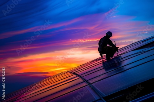 The technician installs solar panels, contributing to environmental protection and sustainable development