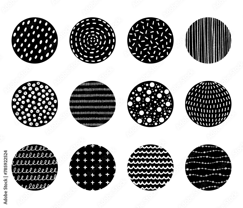 Hand drawn abstract patterns and textures in circle shape. White patterns on black circle backgrounds. Suitable for social media highlight cover, sticker, icon, etc.