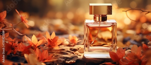Modern perfume amidst autumn leaves, representing earthy tones, blurred background,