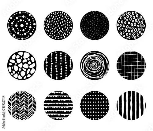 Hand drawn abstract patterns and textures in circle shape. White patterns on black circle backgrounds. Suitable for social media highlight cover, sticker, icon, etc. © Torico