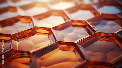 Realistic hexagonal skin layers fortified by skin barrier creams, blurred natural backdrop,