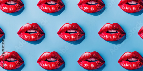 Red lips on blue background pattern 