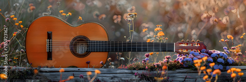 Guitarra española con flores en una caja de madera rústica photo