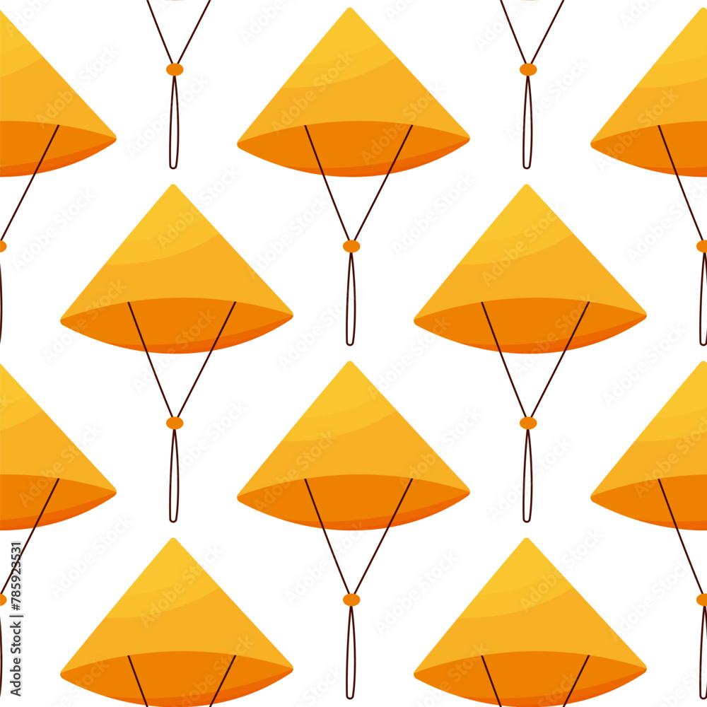 Obraz premium Asian hat with rope. Seamless color pattern. Chinese headdress made of palm leaves. Protection from sun and rain during field work. Accessory Simple background. Hand drawn vector illustration.