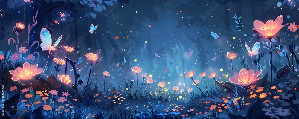 Fototapeta premium Ethereal Night Garden Tended by Luminescent Fairies in Soft Pastel Hues