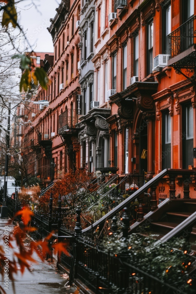 A historic brownstone street in a bustling city, showcasing classic architectural details, ornate facades, and charming storefronts, Generative AI