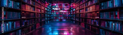 Neon Drenched Aisles of an Enchanted Library Brimming with Fantasy and Secrets