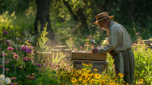 The air abuzz with the harmonious symphony of bees, the scent of honey permeating the surroundings, a tranquil ambiance prevails, as the beekeeper's.