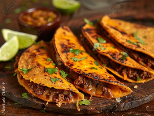 Birria Tacos Consome Dipping Sauce Lime Wedges Beef Food Background Image  photo