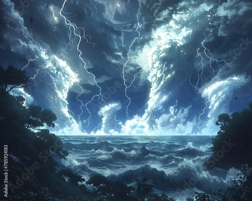 Thunderous Anime Inspired Seascape with Spiraling Tornadoes and Mythical Sea Creatures