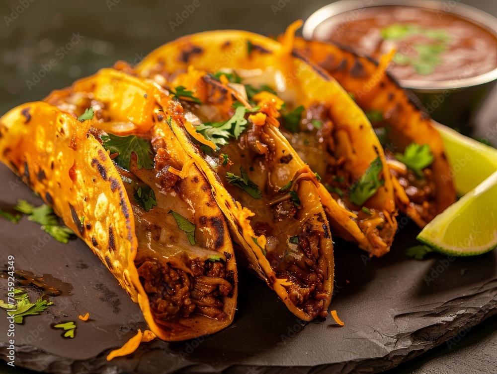 Birria Tacos Consome Dipping Sauce Lime Wedges Beef Food Background Image Stock Illustration