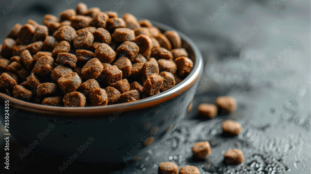 Dog food in a bowl, dishes dry pet food. Generative AI. Dog food in a bowl, dishes dry pet food. Generative AI.