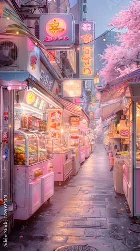 Pastel Colored Food Carts Offering Futuristic Fruit Delicacies Under Soft Ethereal Lighting in an Urban Alleyway