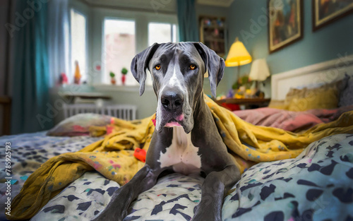 Great Dane lies in a messy bed, AI generated
