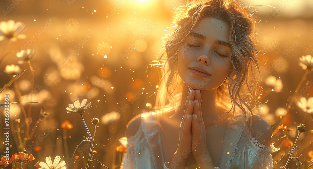 A beautiful lady is praying in middle of flowers. Generative AI.