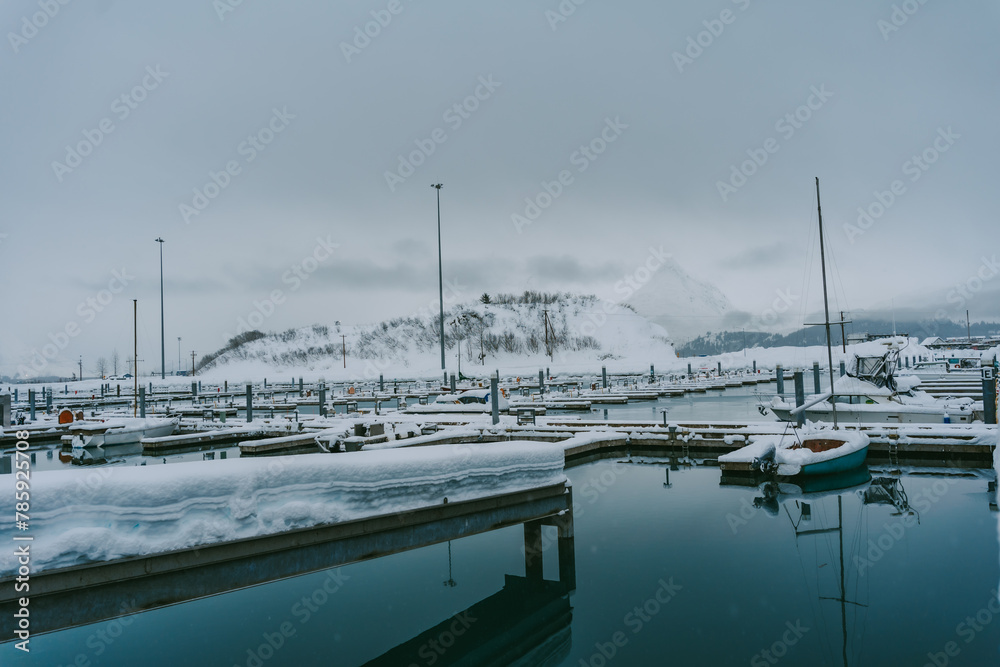 Snow falling on the pier, very cold weather in Alaska, America