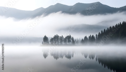 Trees partially obscured by fog on the edge of a calm lake, surrounded by mountains in the distance photo