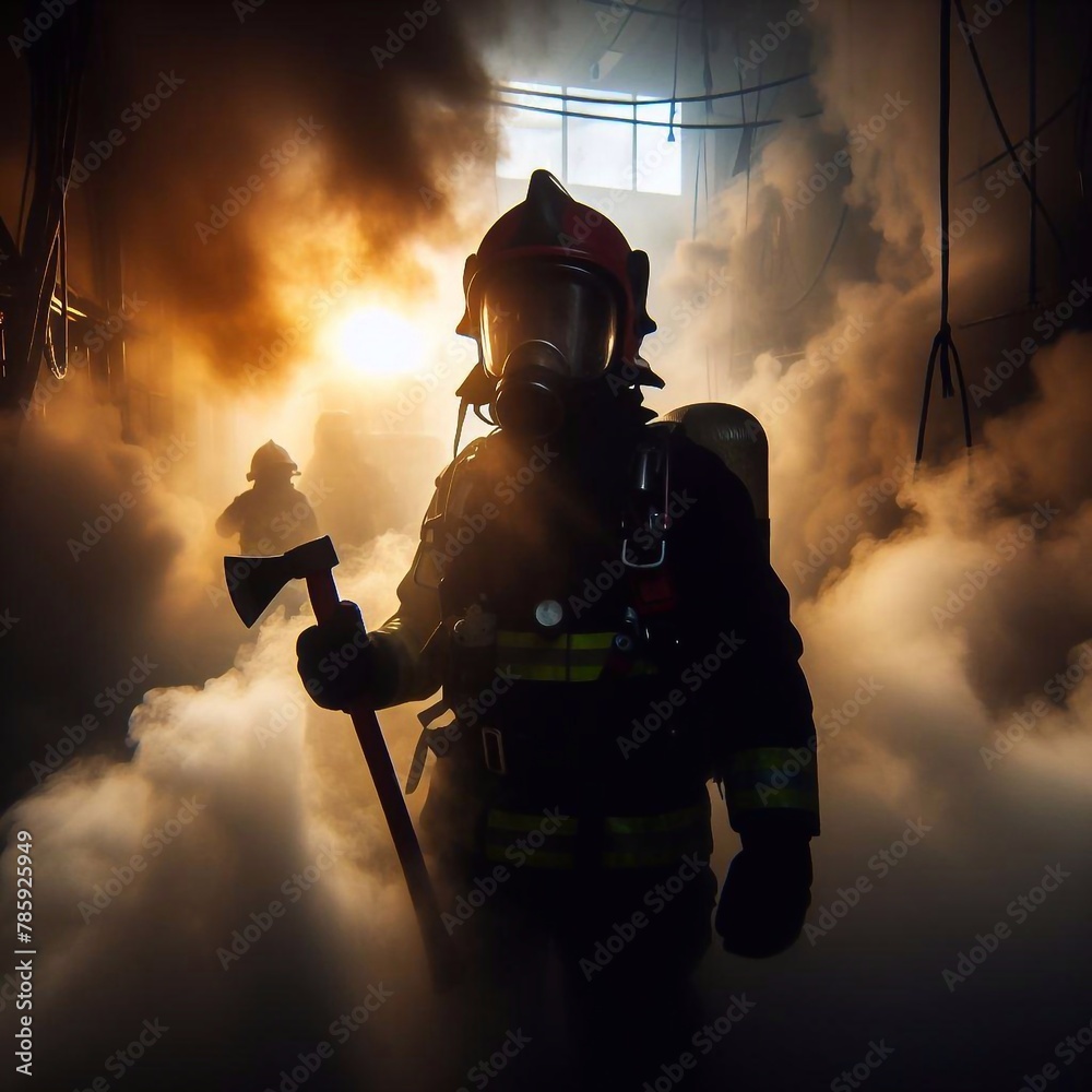 Silhouette of a fireman in the smoke