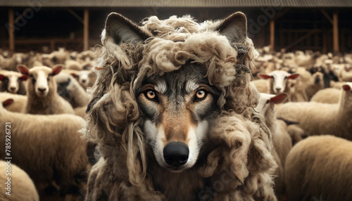 A wolf with fierce amber eyes sparkling through a hole in the sheep's wool. The costume makes it almost indistinguishable from a real sheep.
