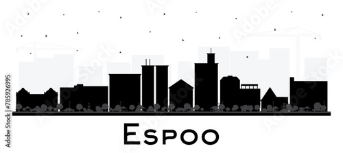 Espoo Finland city skyline silhouette with black buildings isolated on white. Espoo cityscape with landmarks. Business and tourism concept with modern and historic architecture.