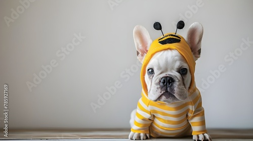 Funny grumpy dog dressed up bee, cute french bulldog puppy. Pet animal in fashionable halloween costume, world bee day festive season comic message greeting card 