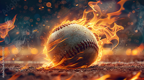 Baseball with hitting flame effect in baseball field. Generative AI.