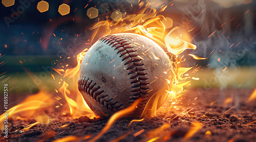 Baseball with hitting flame effect in baseball field. Generative AI.
