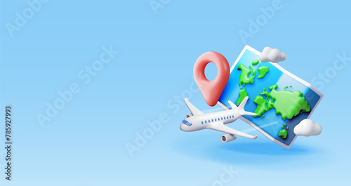 3D airplane in clouds and paper map. Render world travelling by plane. World map with location pin. Time to travel concept, holiday planning. Tourist worldwide transportation. Vector illustration