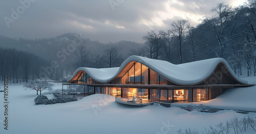 A wooden house with a tensioned membrane structure in the snow, a wooden house hotel, warm light shining from inside. Generative AI. photo