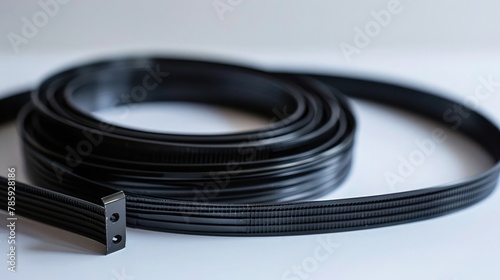 V-ribbed engine belt made of black rubber on a white isolated background in a photo studio of auto parts for replacement during repair or for a catalog of spare parts for sale on auto analysis