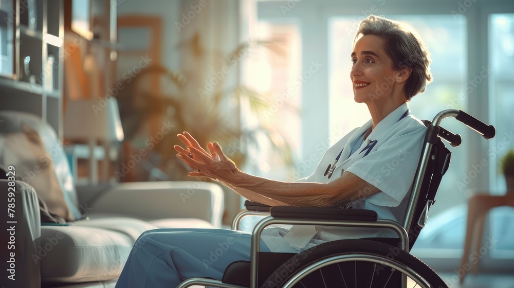 A young nurse takes care of an elderly male patient sit a wheelchair at home, take care elderly concept. Vector illustration style. Generative AI. A young nurse takes care of an elderly male patient sit a wheelchair at home, take care elderly concept. Vector illustration style. Generative AI.