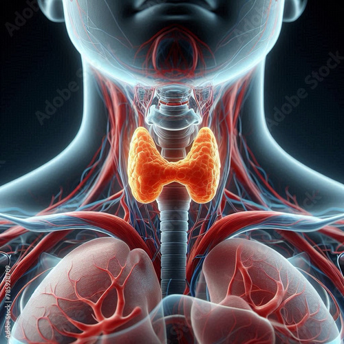 3D render. Model of the thyroid gland. Medical render, thyroid organ, blue and yellow colors, hologram, training