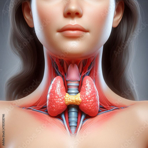 A woman and her thyroid gland. 3D render. Model of the thyroid gland. Medical render, thyroid organ, blue and yellow colors, hologram, training