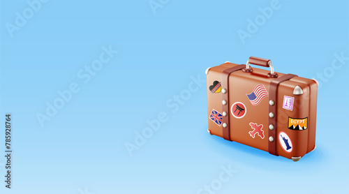 3D vintage old travel suitcase isolated. Render leather retro bag. Brown briefcase with belts. Travel baggage and luggage. Holiday or vacation. Transportation concept. Realistic vector illustration