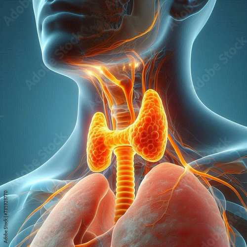 3D render. Model of the thyroid gland. Medical render, thyroid organ, blue and yellow colors, hologram, training