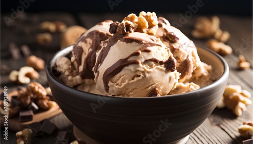 Nutty and decadent hazelnut gelato ice cream in a cup on top with chocolate syrup, cinematic food photography photo