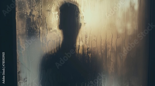 Mysterious Shadow Figure Behind Frosted Glass AI Generated. photo
