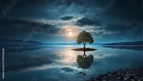 Lonely Tree standing alone in Lake waiting for someone. Beautiful sky with big moon shining with stars 